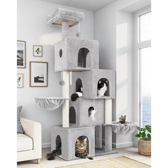 Large Tree Condos for Indoor Cats Large Adult, 70inch Tall Tree Condo Tower with 4 Spacious Condo Houses, 3 Sisal Posts, 2 Adjustable Baskets, F70C, Cloud Gray