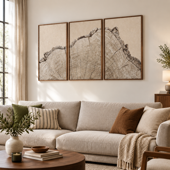 Large Tree Ring Canvas Wall Art, 36"L x 24"W, Rustic Neutral Wood Stump Design for Home Decor