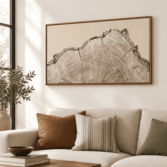 Large Tree Ring Canvas Wall Art, 40"L x 20"W Rustic Beige Framed Wood Stump Artwork