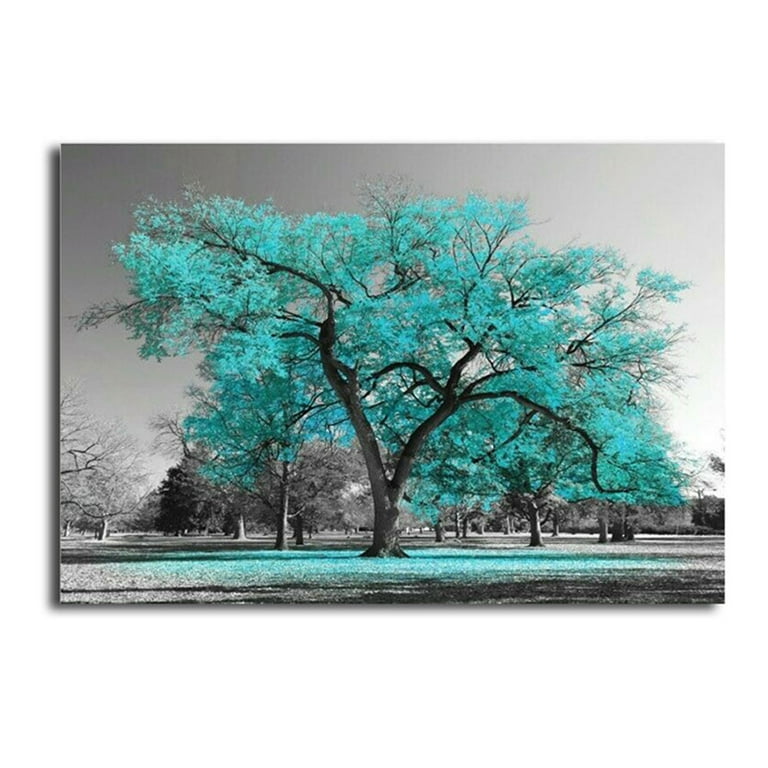 Large Tree Teal Leaves Black White Canvas Painting Wall Art