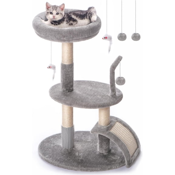 Large Tree Tower with , Modern Kitten Tower for Indoor Cats, Sturdy Tall Carpet Sisal Scratcher Stand with Big Bed Perch,Scratch Ramp,Ball for Kitty Play -Grey