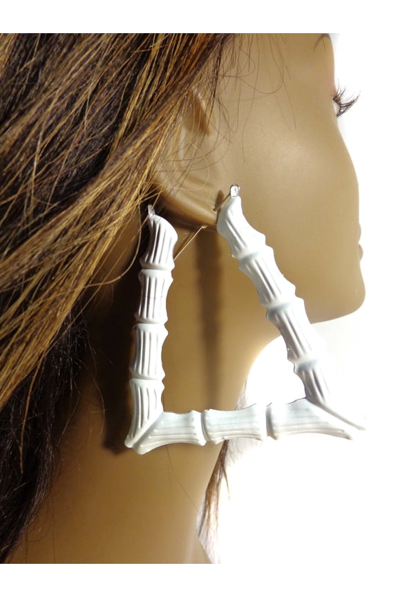 Large Triangle Bamboo White Hoop Earrings 4 inch Long Trapezoid Hoops Retro
