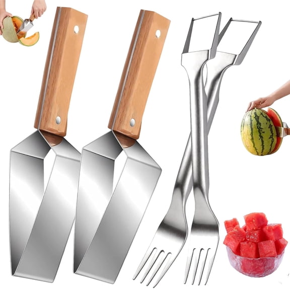 Large Triangle Watermelon Cutter Upgrade + 2 in 1 Fruit Cutter and Fork, Stainless Steel Melon Slicer, Watermelon Cutter with Wooden Handle, Fruitcutter Kitchen Gadgets for Watermelon Melon (1 set)
