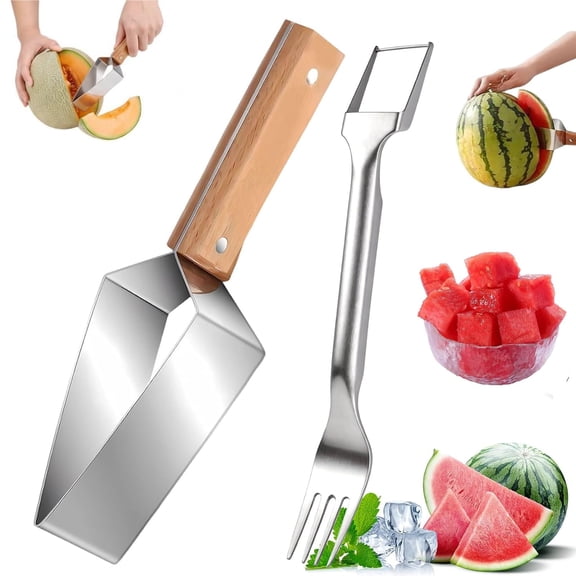 Large Triangle Watermelon Cutter Upgrade + 2 in 1 Fruit Cutter and Fork, Stainless Steel Melon Slicer, Watermelon Cutter with Wooden Handle, Fruitcutter Kitchen Gadgets for Watermelon Melon (1 set)