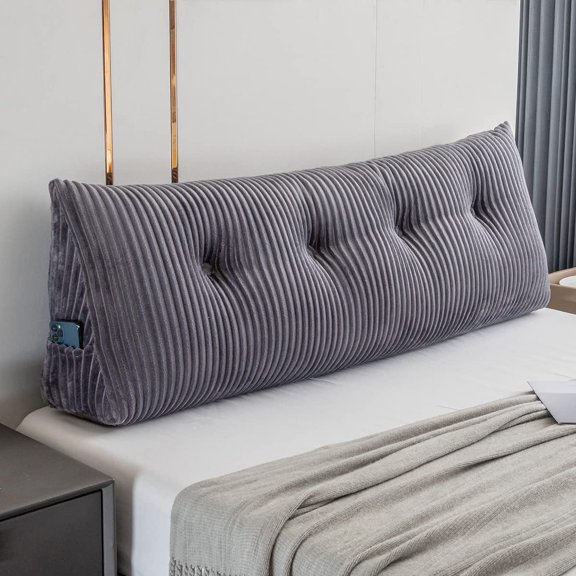 Large Triangular Headboard Wedge Bed Rest Reading Pillow Backrest Positioning Support Bolster Cushion with Removable Cover, Grey, Queen Size 59x8x20 Inches