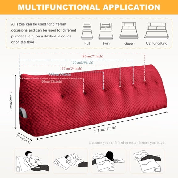 Large Triangular Headboard Wedge Pillow with Removable Cover (Wine Red, Twin, 39x8x20inch)