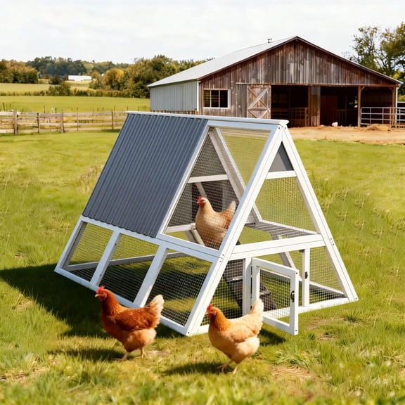 Large Triangular Wire Mesh Chicken Coop with Weatherproof Nesting Box & Tray, Gray