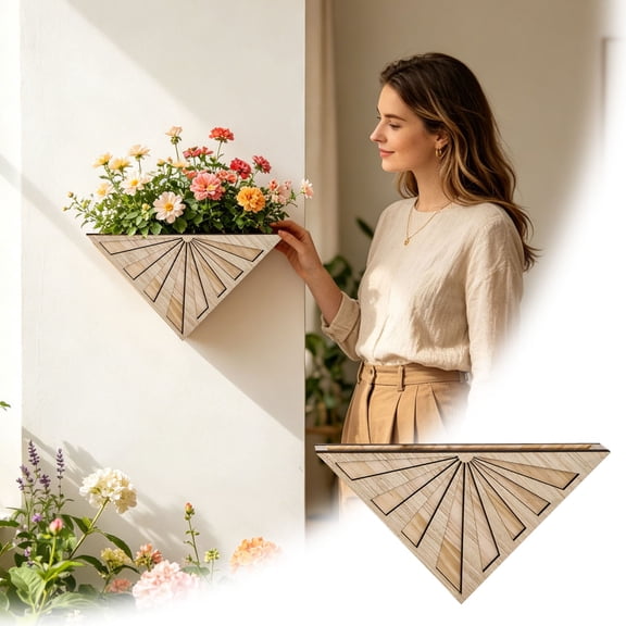 Large Triangular Wood Planter for Wall - Geometric Vertical Garden Container with Natural Finish - Ideal for Entryway and Patio