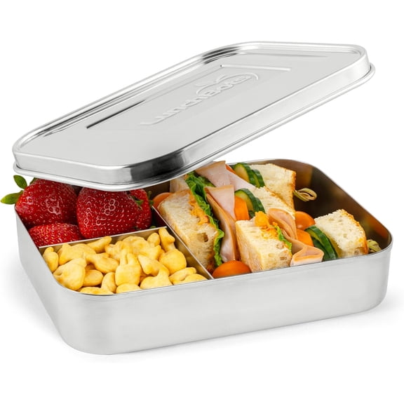 Large Trio Stainless Steel Lunch Container -Three Section Design for Sandwich and Two Sides - Metal Bento Lunch Box - Eco-Friendly - Stainless Lid - Staineless Steel