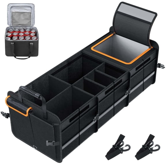 Large Trunk Organizer with Built-in Leakproof Cooler Bag,2 Tie-Down Straps, 4 Removable Dividers ,Collapsible Large Trunk Organizer for SUVs and Sedans with Cover,Constructed with 2mm PE Board