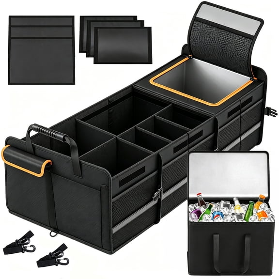 Large Trunk Organizer with Built-in Leakproof Cooler Bag,2 Tie-Down Straps, 4 Removable Dividers ,Collapsible Large Trunk Organizer for SUVs and Sedans with Cover,Constructed with 2mm PE Board