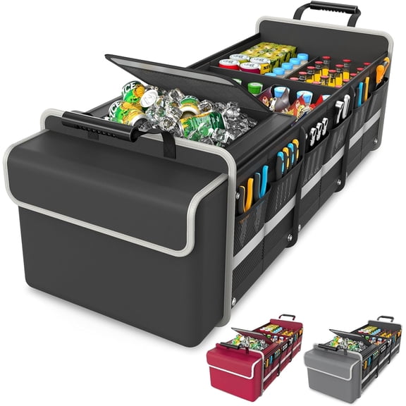 Large Trunk Organizer for SUV with Premium Portable Cooler Bag, Car Organizers and Storage with Foldable Cover, Collapsible Car Trunk Bed Organizer for Truck, 2 Retractable Straps, 90L+20L, Black-C