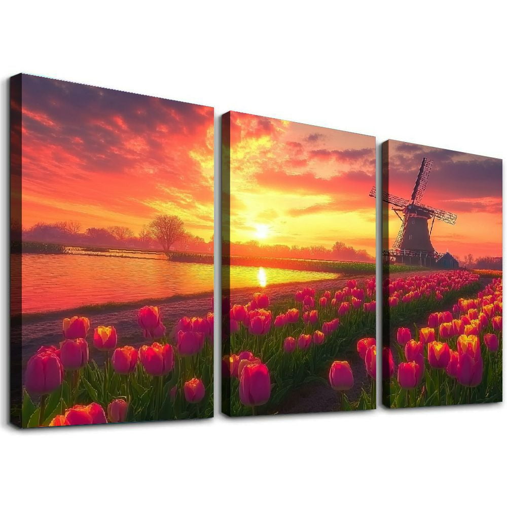 Large Tulip Flower Canvas Wall Art for Living Room Sunset Windmill Wall ...