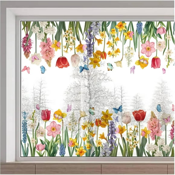 Large Tulip Window Clings Spring Colorful Flower Butterfly Static Window Decals Summer Window Sticker Double-Sided Non Adhesive Static Vinyl Film for Glass Sliding Door Home Decor 15x46inch