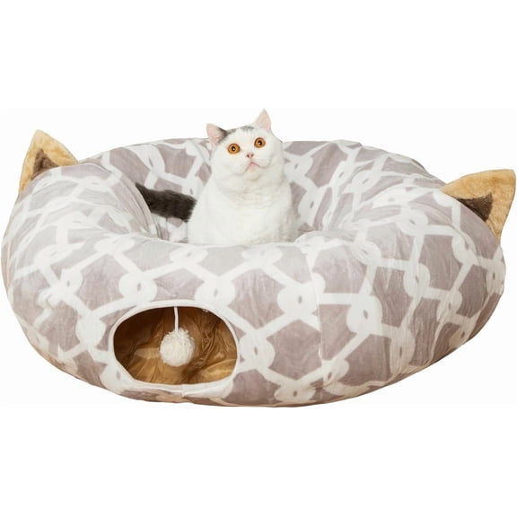 Large Tunnel Bed Under Christmas Tree with Balls, Small Cushion and Flexible Design- 10 inch Diameter, 3 ft Length- for Cats, and Small Dogs, Gray Geometric Figure