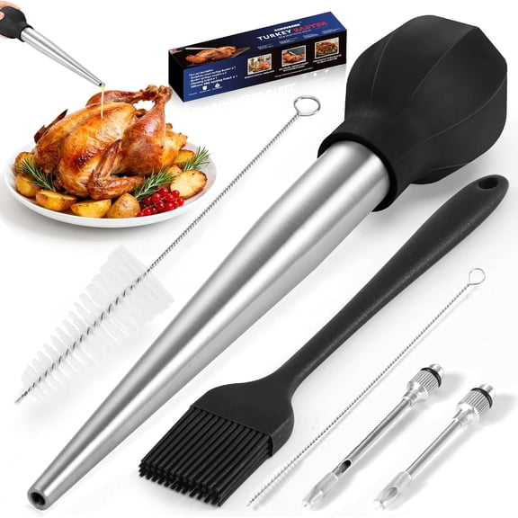 Large Turkey Baster Set - Stainless Steel Baster Tool for Cooking - Includes Basting Brush, Cleaning Brush & Injector Needles - Heavy Duty Baster Syringe - Thanksgiving, Christmas Essentials