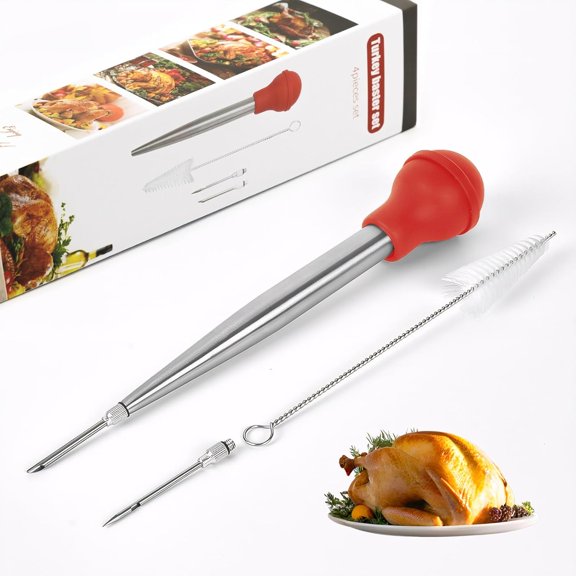 Large Turkey Baster with 2 Stainless Steel Needles,injector marinades for meats,turkey basters for cooking red (Red)
