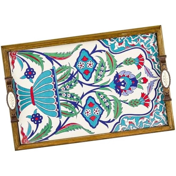 Large Turkish Mexican Talavera Wood Ceramic Tea Coffee Table Serving Tray Handles Decorative Home Decor - Mexican Bar Vintage Dresser Rectangle Ornate Fancy Luxury Tray Kitchen Bed Breakfast Tray