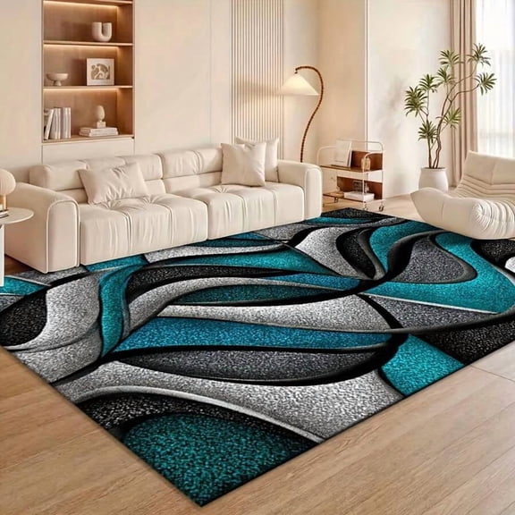 Large Turquoise Blue And Black Abstract Metallic Area Rug - Luxurious Soft Rug With A Modern Design Featuring Turquoise, Black, Gray, White, Gold, And Cyan Colors, Machine Washable