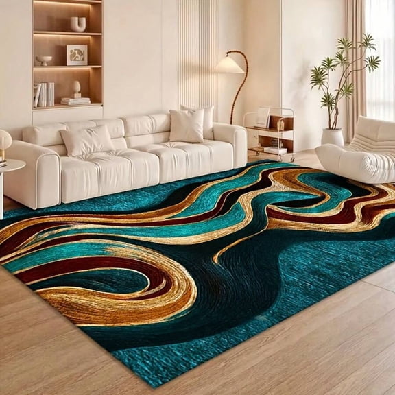 Large Turquoise Blue, Brown, Gold, Black, Turquoise Abstract Wave Rug, Luxurious And Soft For Living Room, Bedroom, Indoor Use, Modern Decorative Rug