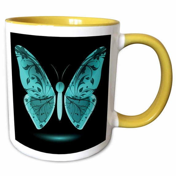 3drose, Large Turquoise Butterfly with Flourish Wings, 11oz Two-tone Yellow Mug