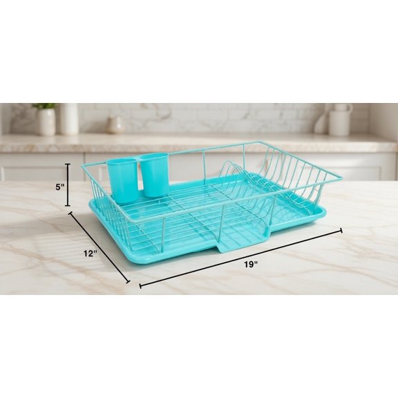 Large Turquoise Dish Drying Rack with Utensil Holder & Drainboard - Kitchen Counter Dish Drainer, Space-Saving 2-Tier Design for Plates, Bowls, Cups
