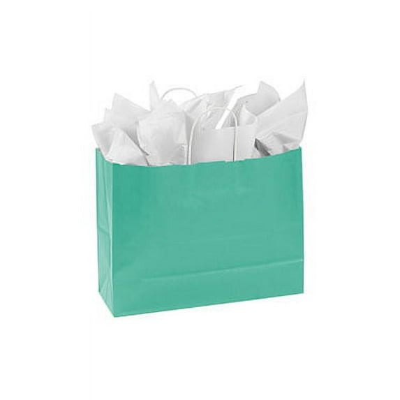 SSWBasics Large Turquoise Paper Shopping Bags - 16”L x 6”D x 12 ½”H - Case of 100