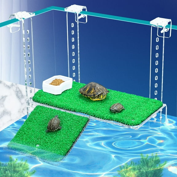 Large Turtle Basking Platform with Synthetic Grass & Customizable Ramp – Stable Turtle Dock for Aquatic Turtles, Fits Tanks 0.31" to 2.11" Thick – Robust Turtle Tank Accessories 11x6 Inch