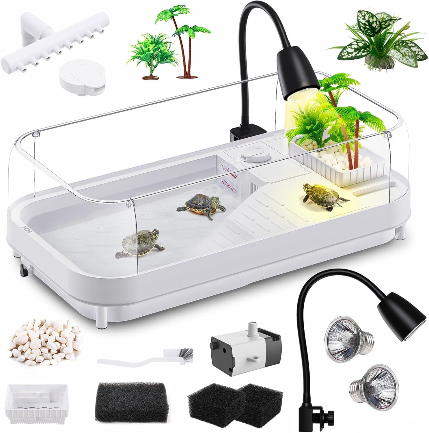 Kit De Acuario Para Tortugas Pequeñas - Incluye Bomba De Agua, Ducha De Lluvia, Rocas Y Planta (Tamaño Mediano)
