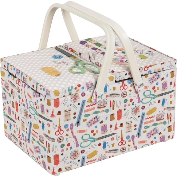 Large Twin Lid Sewing Box Craft Storage Box with Handle Internal Tray Pin Cushion and Pockets for Sewing Knitting and Hobby Supplies