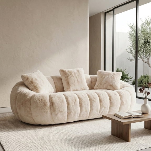 Large Two-Seater Sofa, Petal Contour Design, Ultra-Soft Faux Fur, Beige