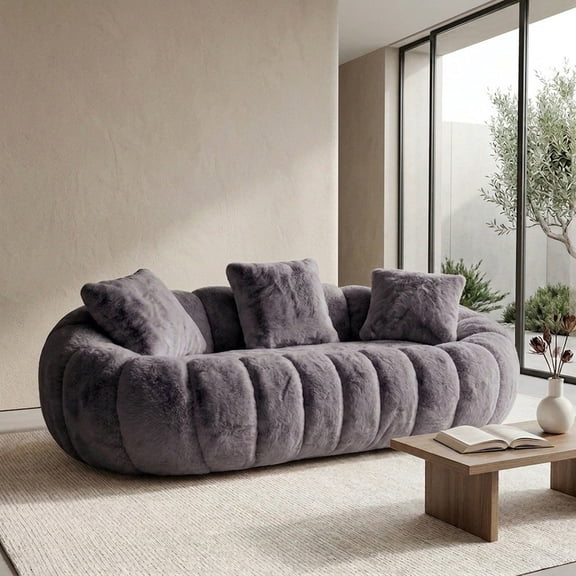 Large Two-Seater Sofa, Petal Contour Design, Ultra-Soft Faux Fur, Gray