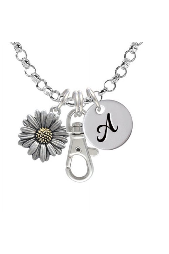 Large Two Tone Daisy Flower - A - Initial Badge Clip Necklace