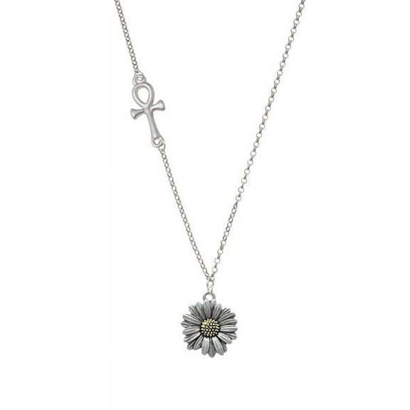 Large Two Tone Daisy Flower Delicate Ankh Necklace