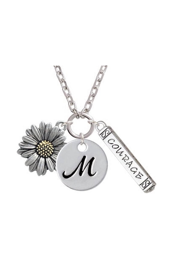 Large Two Tone Daisy Flower - M - Script Initial Disc Courage Strength Wisdom Zoe Necklace