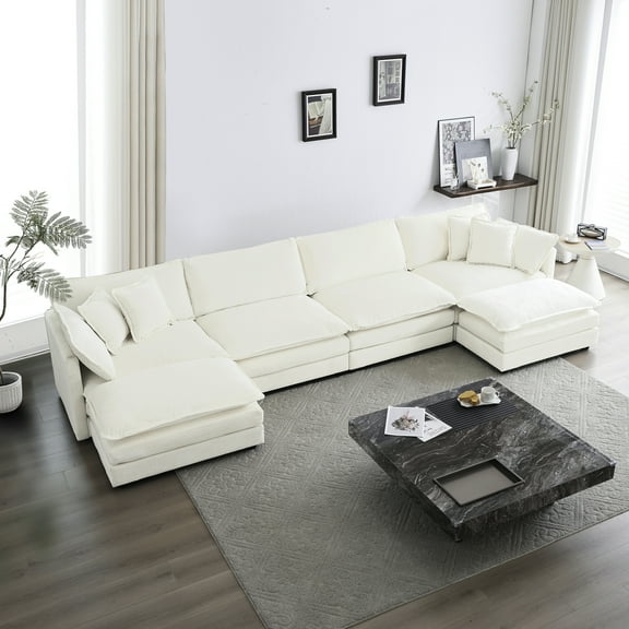 Large U-shape Sectional In White Chenille, Filled With Superior Sponge And Double Ottomans For Relaxation Time Chenille Upholstered Sectional, Modular Cushioned Foam