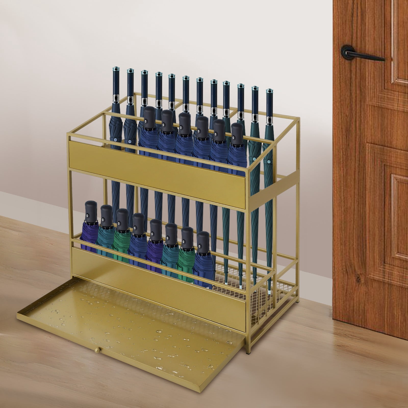 Large Umbrella Stand, Gold, 68x32x70cm Metal Umbrella Holder Rack with Drip Pan for Hotel, Mall, Office, Restaurant, Holds 30 Umbrellas