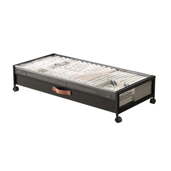 Large Under-Bed Storage Container with Wheels, Clear Window and Label Slot, Rolling Metal Frame Drawer for Clothes, Toys, and Bedding