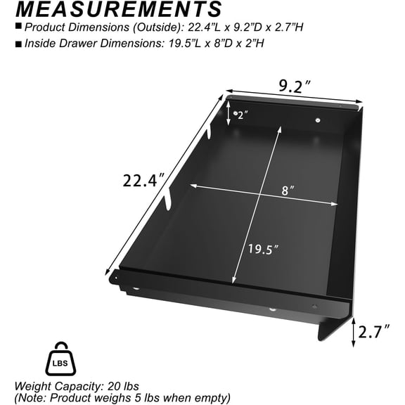 Large Under Desk Sliding Drawer with  Management and Tilt Panel, 22.4 Inch Metal Storage Organizer for Home Office Workstation