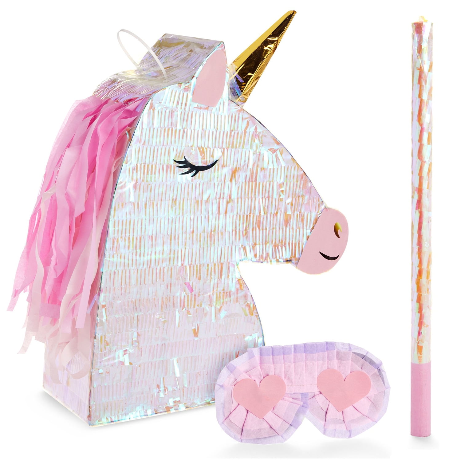 Large Iridescent Unicorn Pinata Kit with Pink Mane and Blindfold