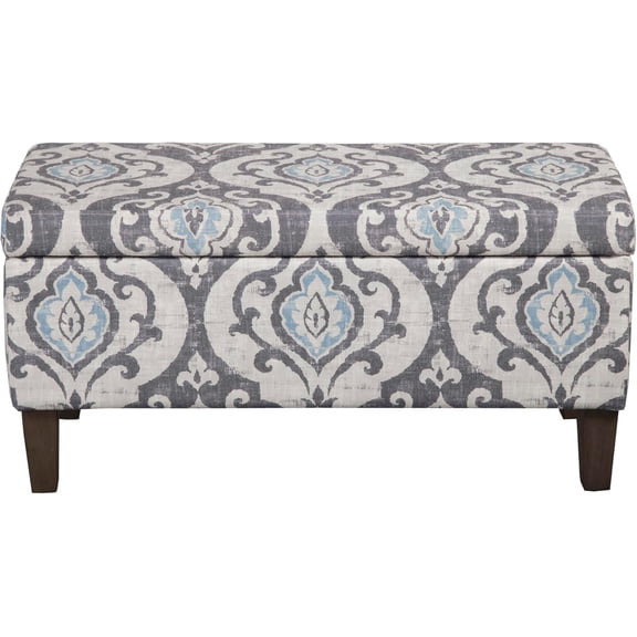 Large Upholstered Rectangular Storage Ottoman Bench with Hinged Lid, Slate Damask