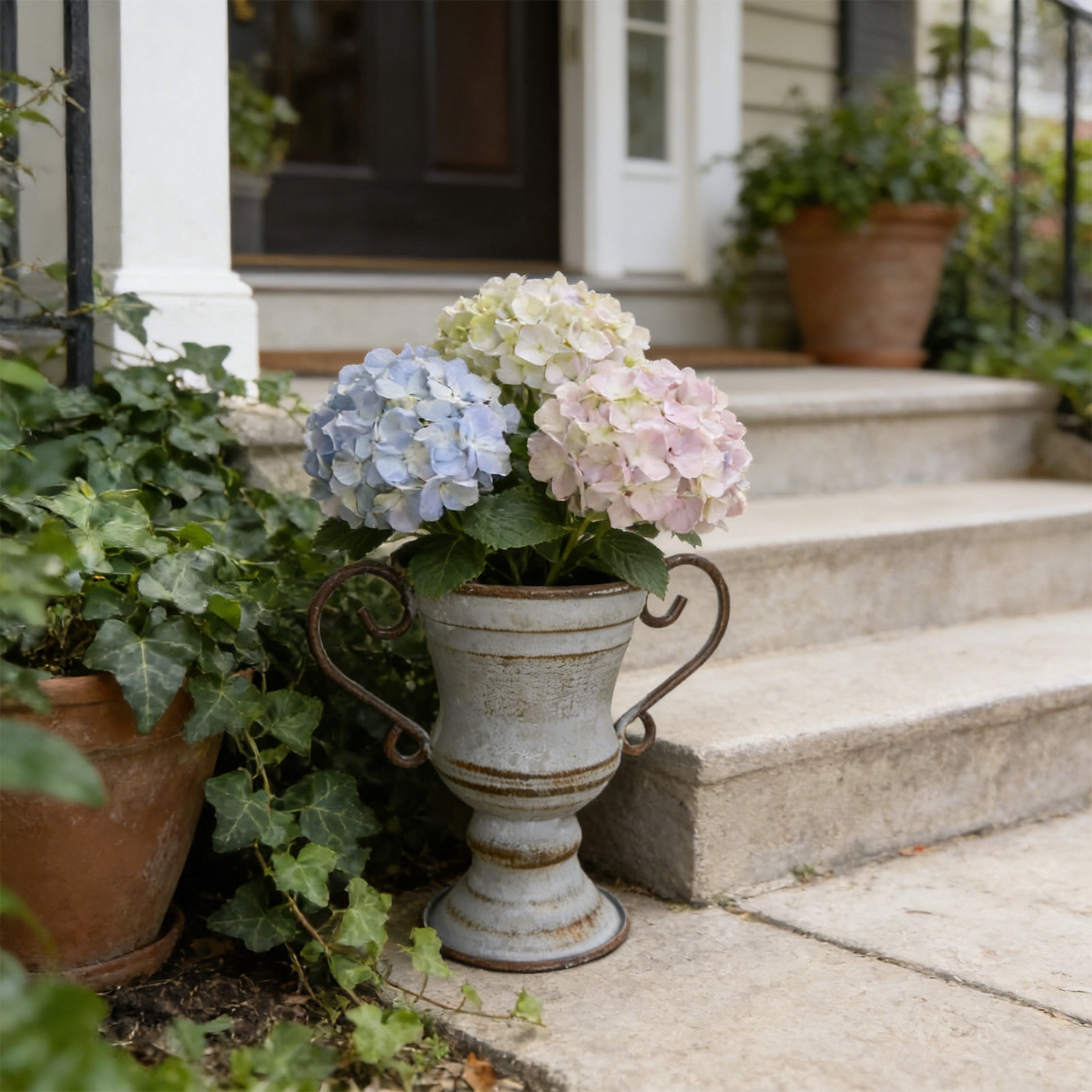 Large Urn Planter Clearance Sale - Vintage Distressed Iron Flower Pot, Cement Look Wicker Urn Planter for Outdoor Garden, 7 Inch Pedestal Style Planters for Patio Balcony, Durable Weather-Resistant