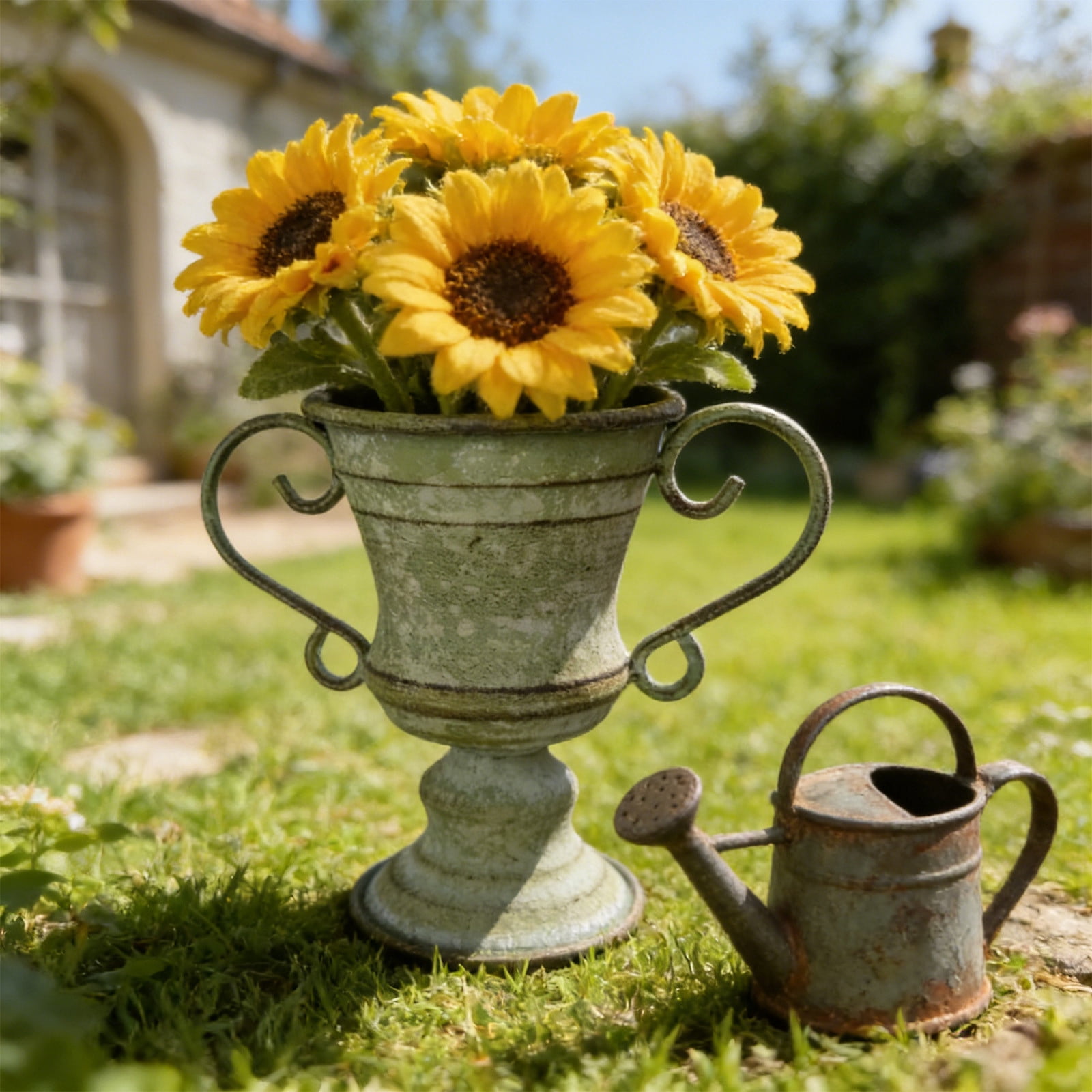Large Urn Planter Clearance Sale - Vintage Distressed Iron Flower Pot, Cement Look Wicker Urn Planter for Outdoor Garden, 7 Inch Pedestal Style Planters for Patio Balcony, Durable Weather-Resistant