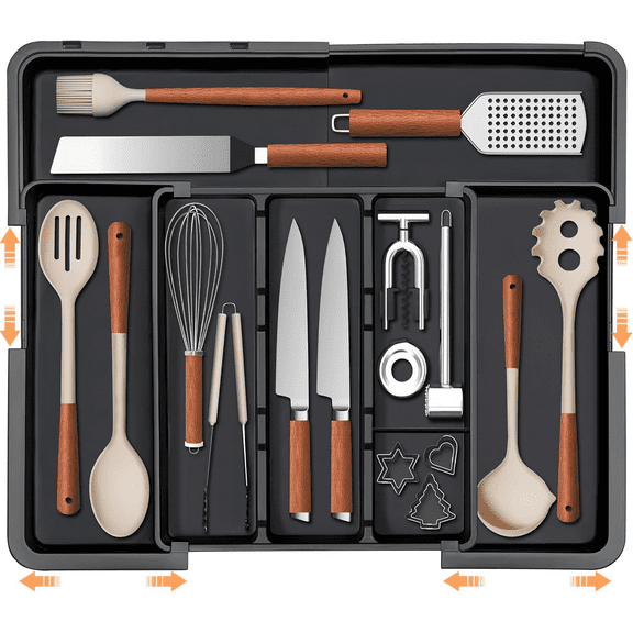 Large Utensil Drawer Organizer Expandable Silverware Organizer for Kitchen Drawer Adjustable Cooking Utensil Holder Cutlery Flatware Tray Spatula Tools Gadgets Storage Dividers Plastic Black