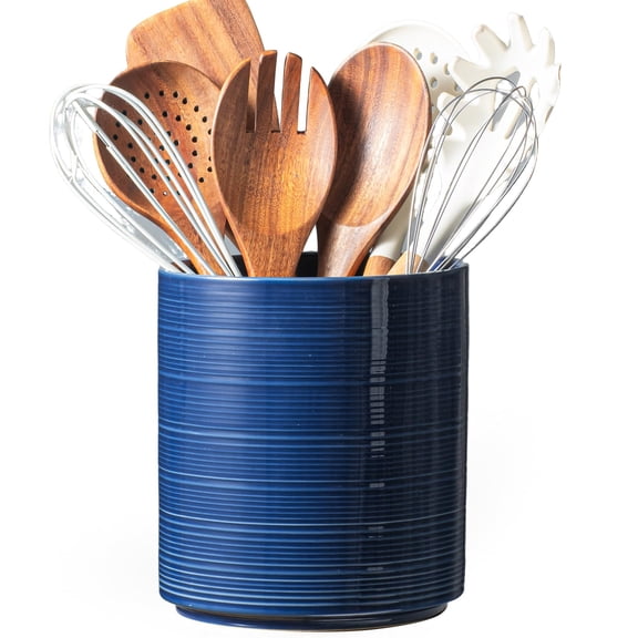 Large Utensil Holder for Kitchen Counter, 7.3” Ceramic Cooking Utensil Crocks for Spatula & Spoon, Farmhouse Kitchen Utensil Holder with Cork, Home Decor, Dark Blue