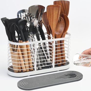 Large Kitchen Utensil Holder With Diatomite Base - Farmhouse Style Organizer With Movable Partitions