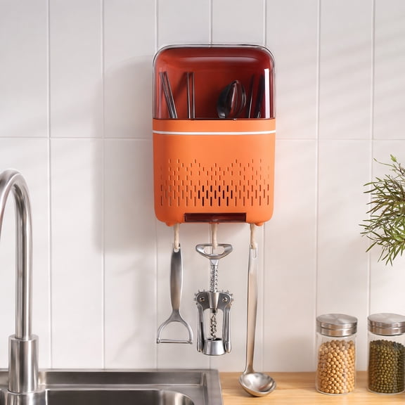 Wall Mount Utensil Holder with Lid, Ventilated Silverware Caddy with Drip Tray, Orange