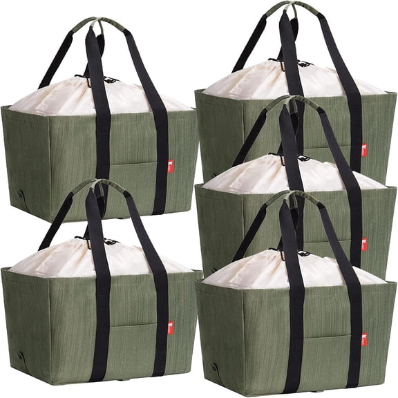Large Utility Tote Bag (5 Pack), Reusable Collapsible Durable Grocery Shopping Bag, Foldable Tote Bag for Storage Pool Beach (Green),S00502