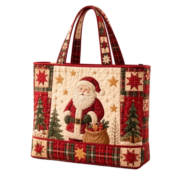 Large Utility Tote Bag with Quilted Santa Claus Pattern and Zipper Closure, 15.7 X 13.4 X 3.9 Inches, Red and Beige Plaid for Holiday Shopping