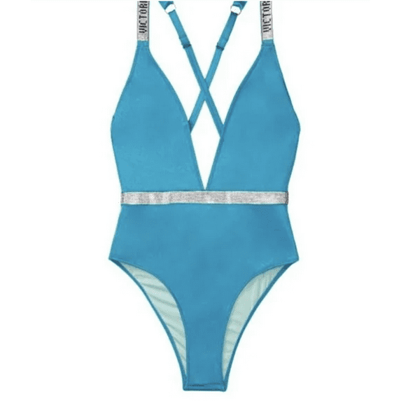Large VS Shine Strap Plunge One-Piece Swimsuit Shimmer Blue